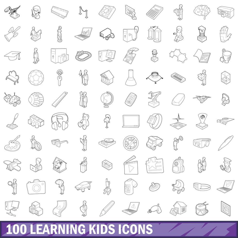 100 learning kids icons set, outline style vector