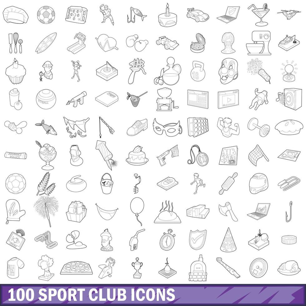 100 sport club icons set, outline style vector