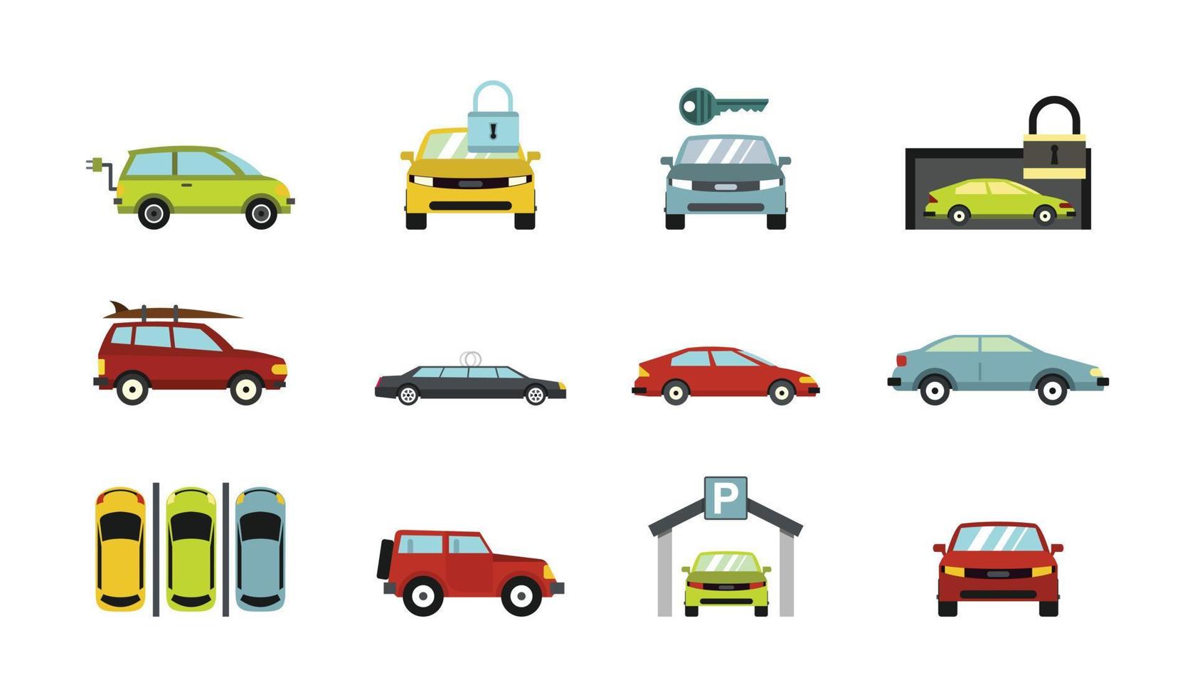 conjunto de iconos de coches, estilo plano vector