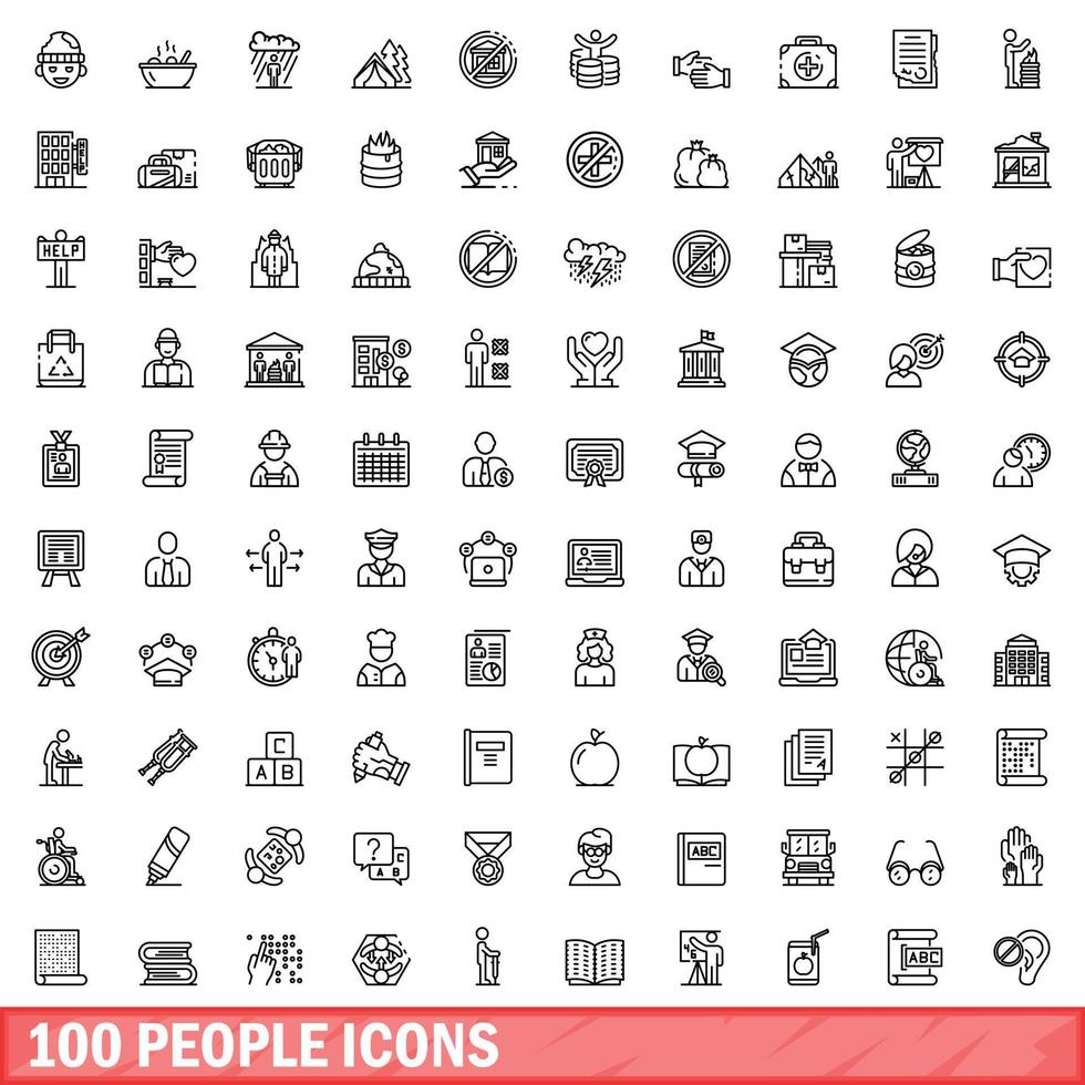 100 people icons set, outline style vector