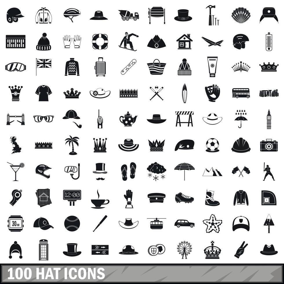 100 hat icons set, simple style vector