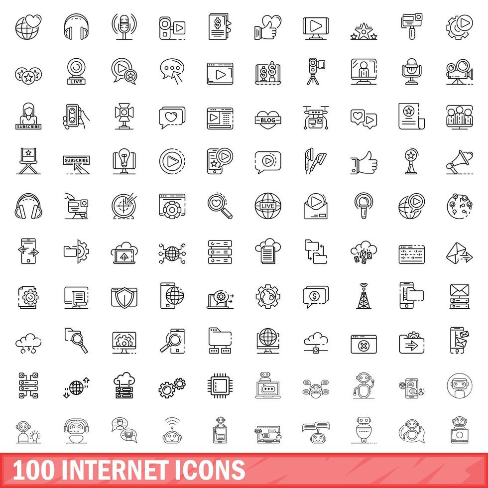 100 internet icons set, outline style vector