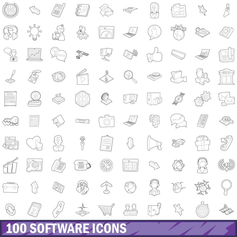 100 software icons set, outline style vector