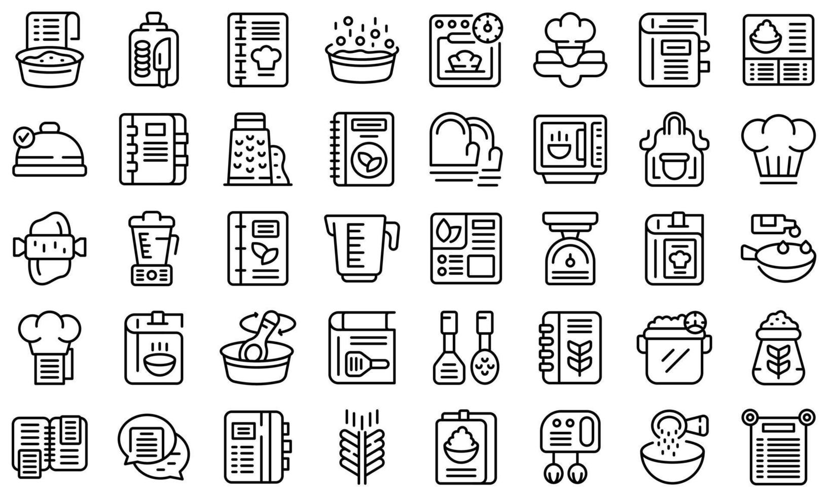 los iconos del libro de recetas establecen el vector de contorno. biblioteca de libros de cocina