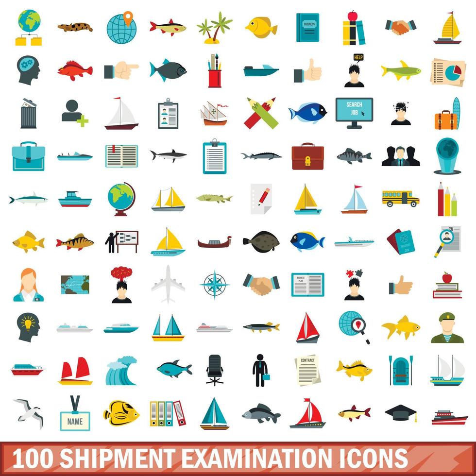 100 conjunto de iconos de examen de envío, estilo plano vector