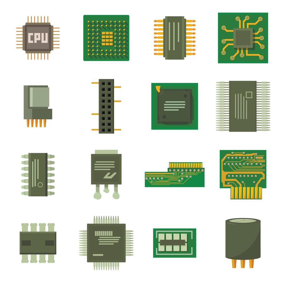 Computer chips icons set, cartoon style vector