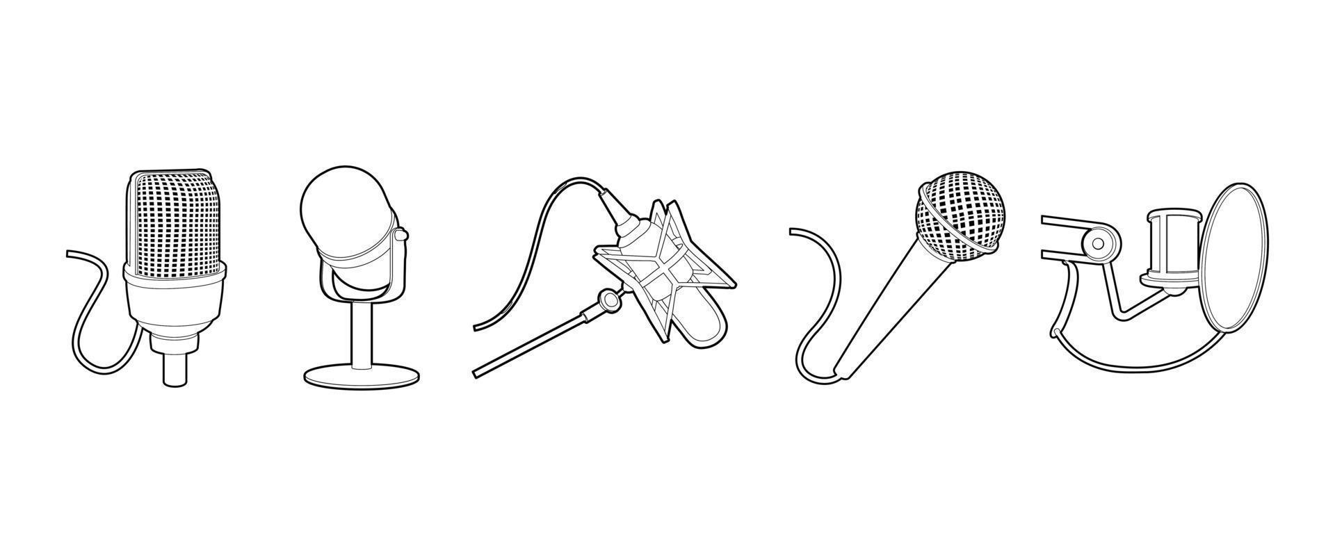 Microphone icon set, outline style vector