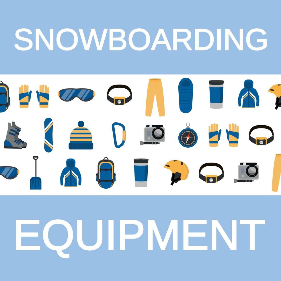 fondo de concepto de equipo de snowboard diferente, estilo plano vector