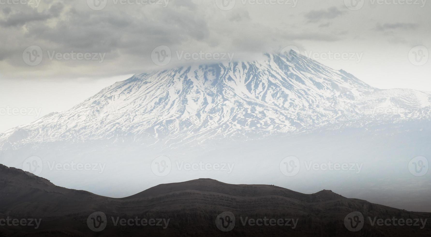 Panning panorama Ararat mountain peak close up with clouds in Turkey photo