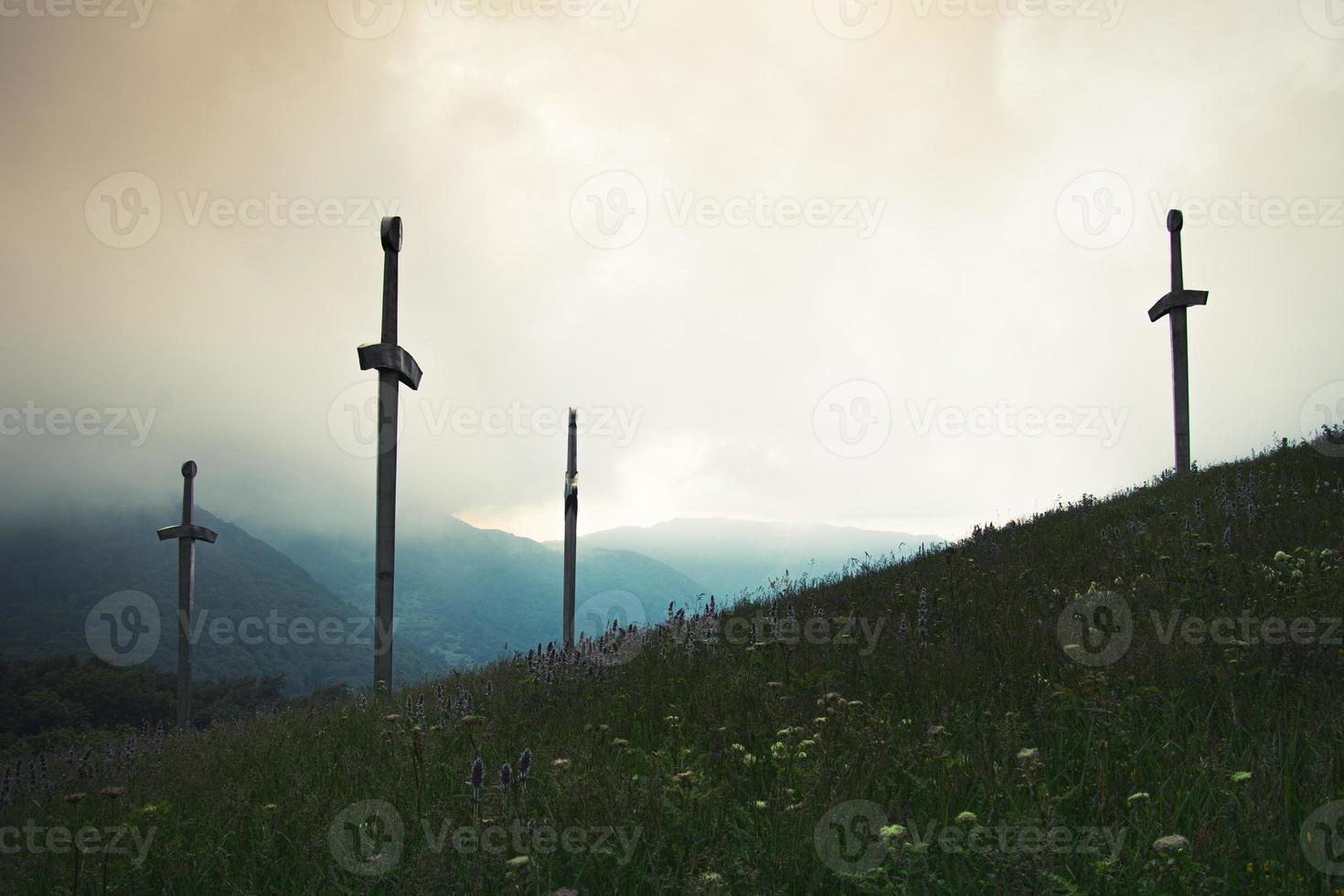 Giant sword statue monument in Didgori - historical site memorial. Georgia historical sightseeing landmarks photo