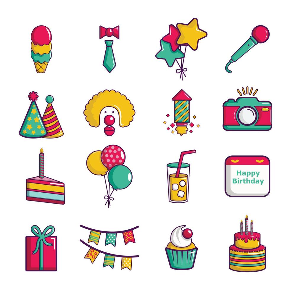 Happy birthday icons set, cartoon style vector