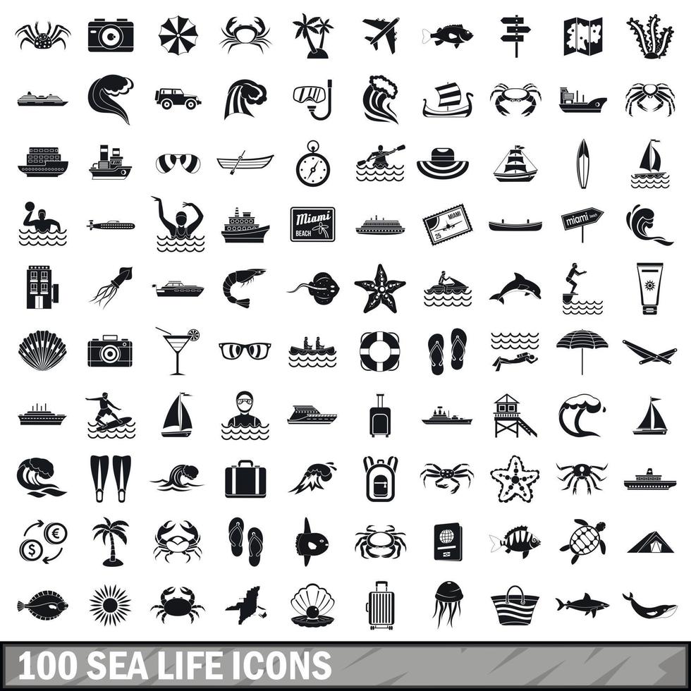 100 sea life icons set, simple style vector