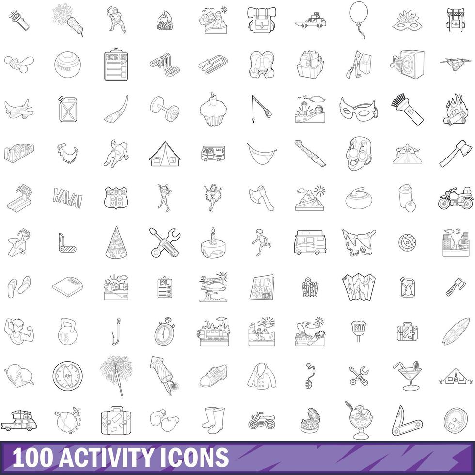 100 activity icons set, outline style vector