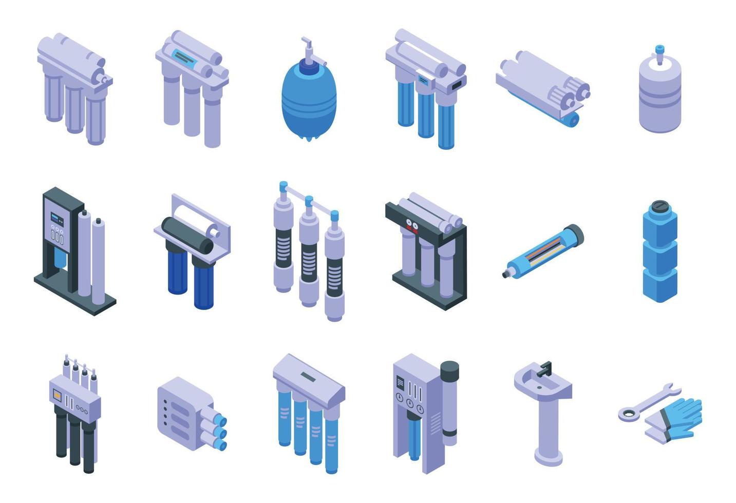 los iconos del sistema de ósmosis inversa establecen un vector isométrico. filtro de agua