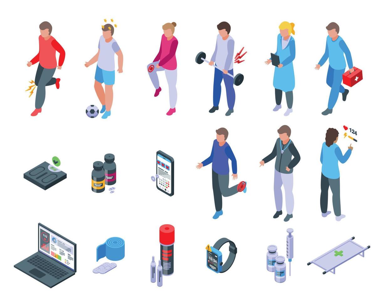 Sports doctor icons set isometric vector. Therapy injury vector