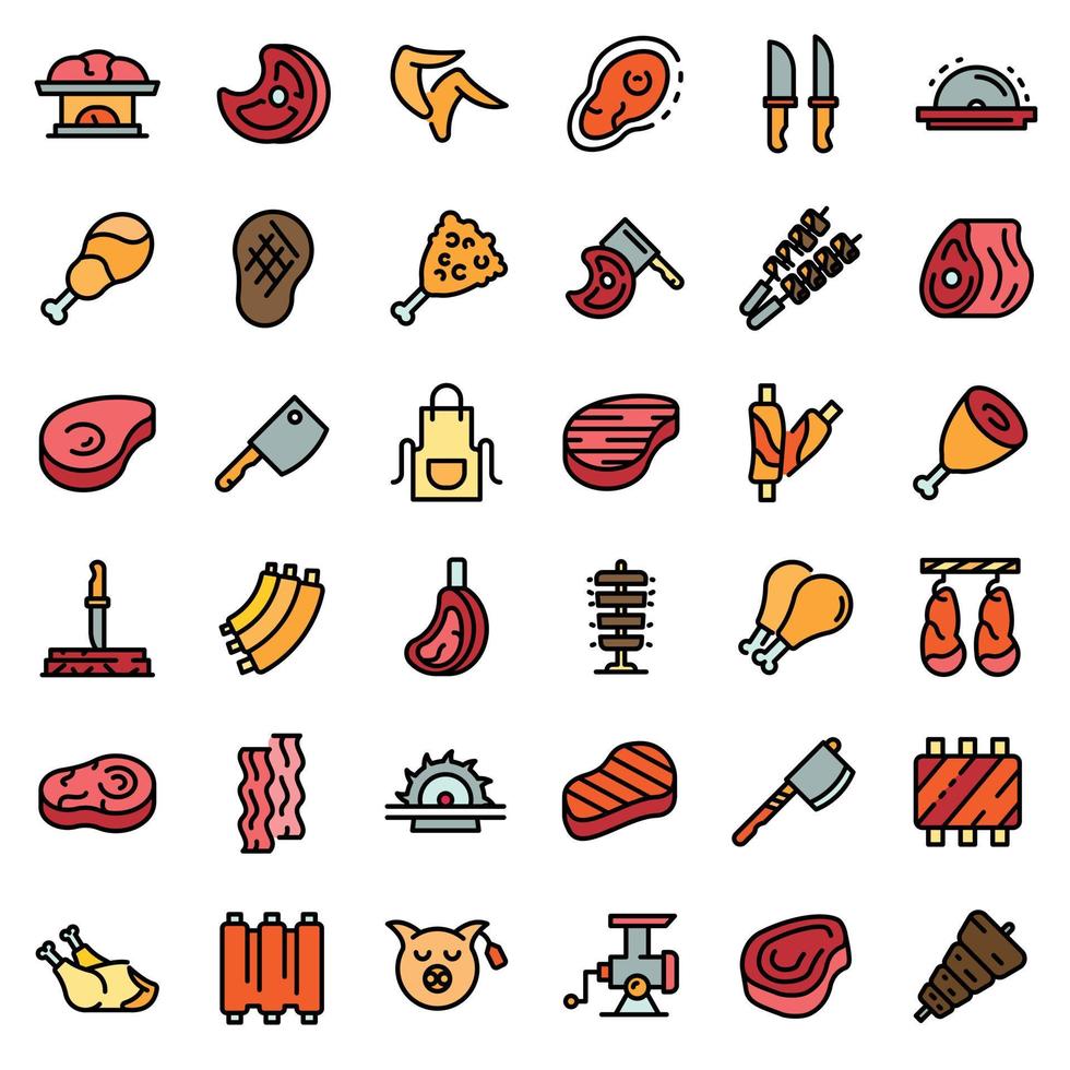 Meat icons set line color vector