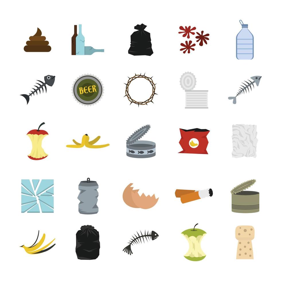 Garbage icon set, flat style vector