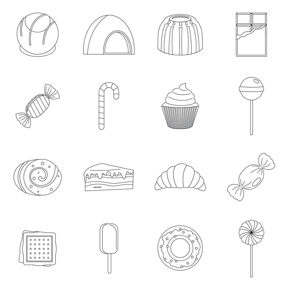 Sweets and candies icons set, outline style vector