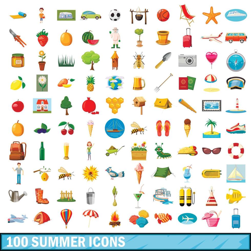 100 iconos de verano, estilo de dibujos animados vector