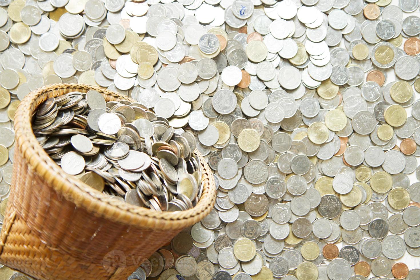 Saving money concept of collecting coins in a basket with coins background. as background business concept and Saving concept. photo