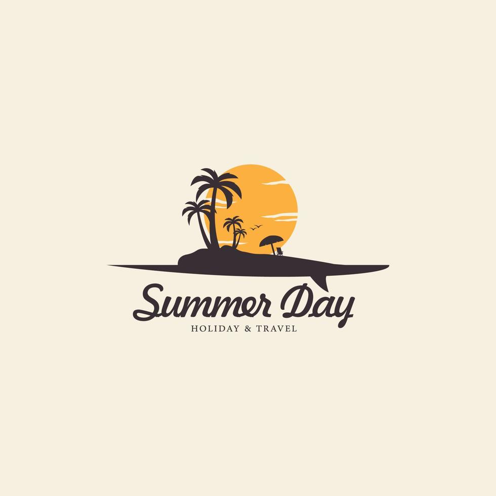 beach and island vacation logo design with coconut trees surfboard summer vector icon symbol illustration