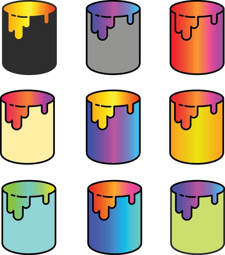 cubo de pintura colorido con conjunto de iconos de pintura derramada vector