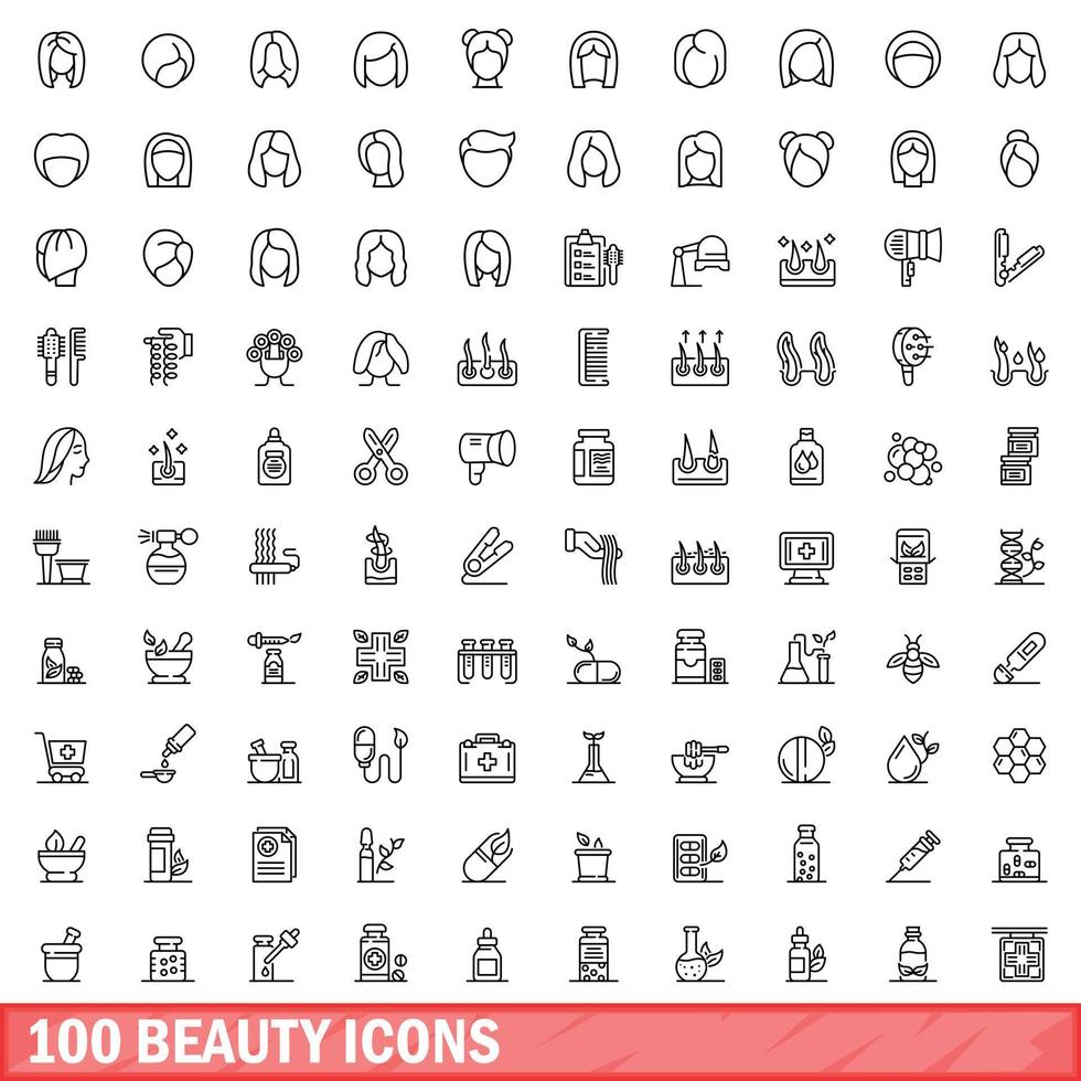 100 beauty icons set, outline style vector