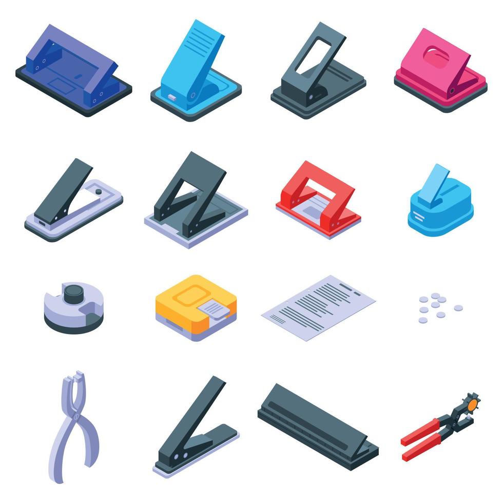 Hole puncher icons set, isometric style vector