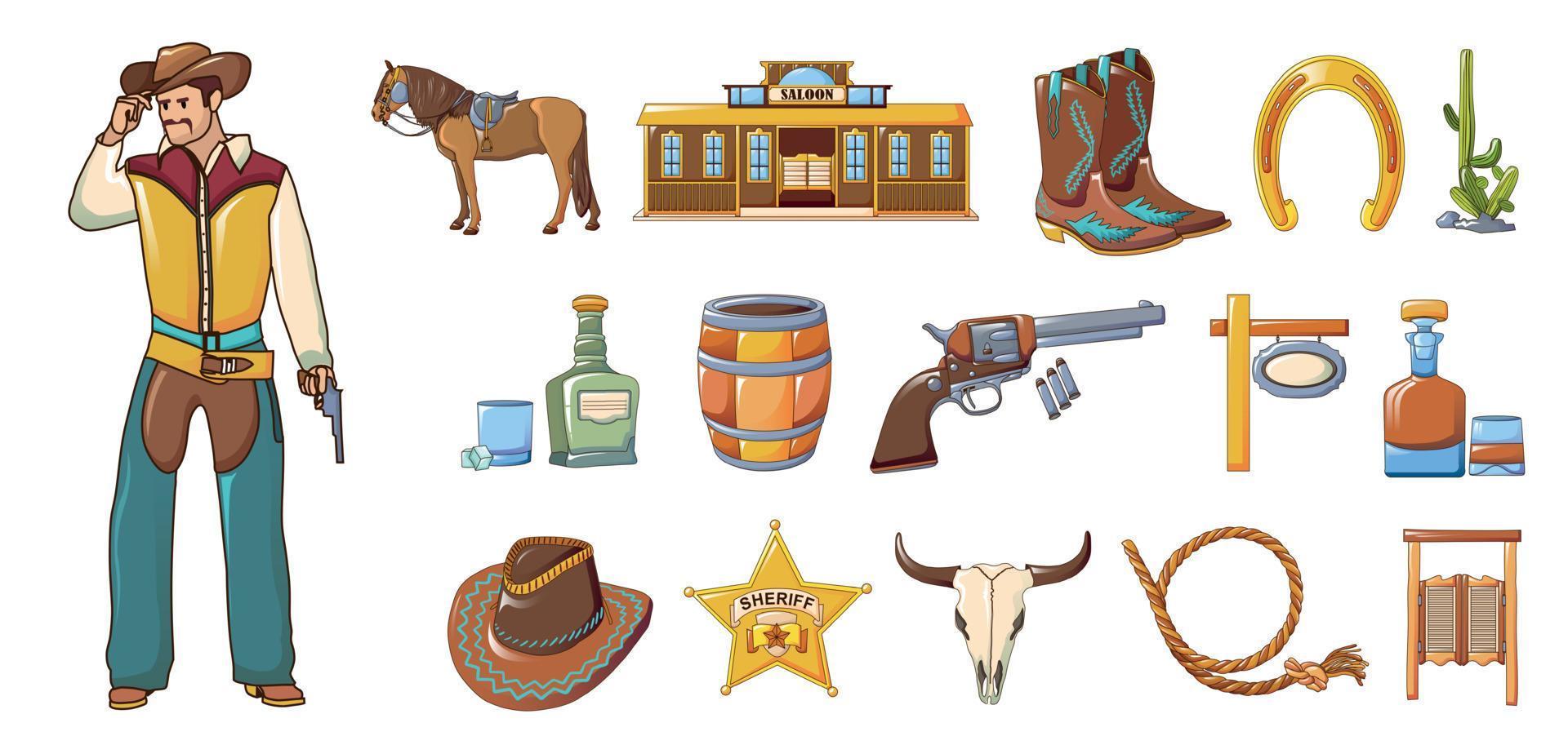 Saloon icons set, cartoon style vector