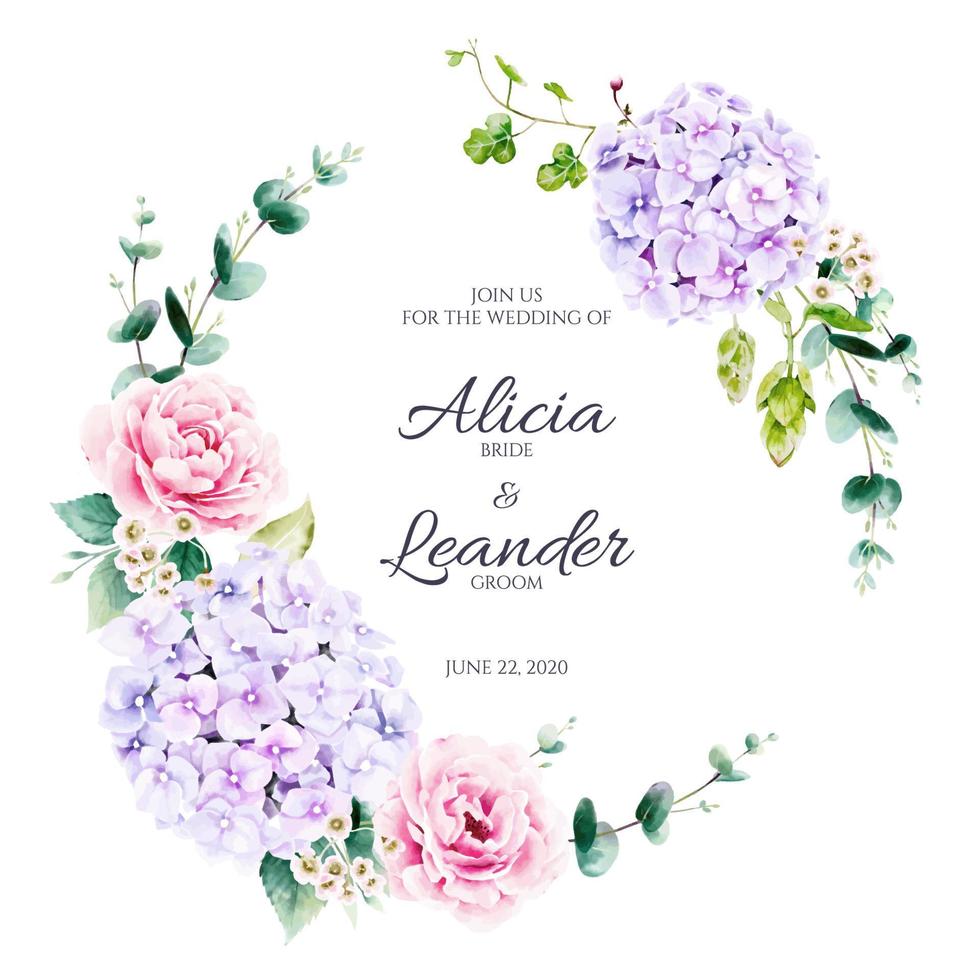 hermosa corona floral y verde para la tarjeta de invitación de boda sobre fondo blanco. vector. rosas rosadas, flor de hortensia. estilo acuarela vector