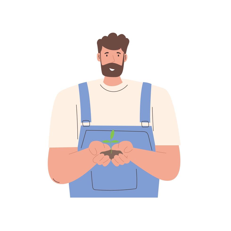 Ecology awareness concept. Plants with soil in farmer's hands vector