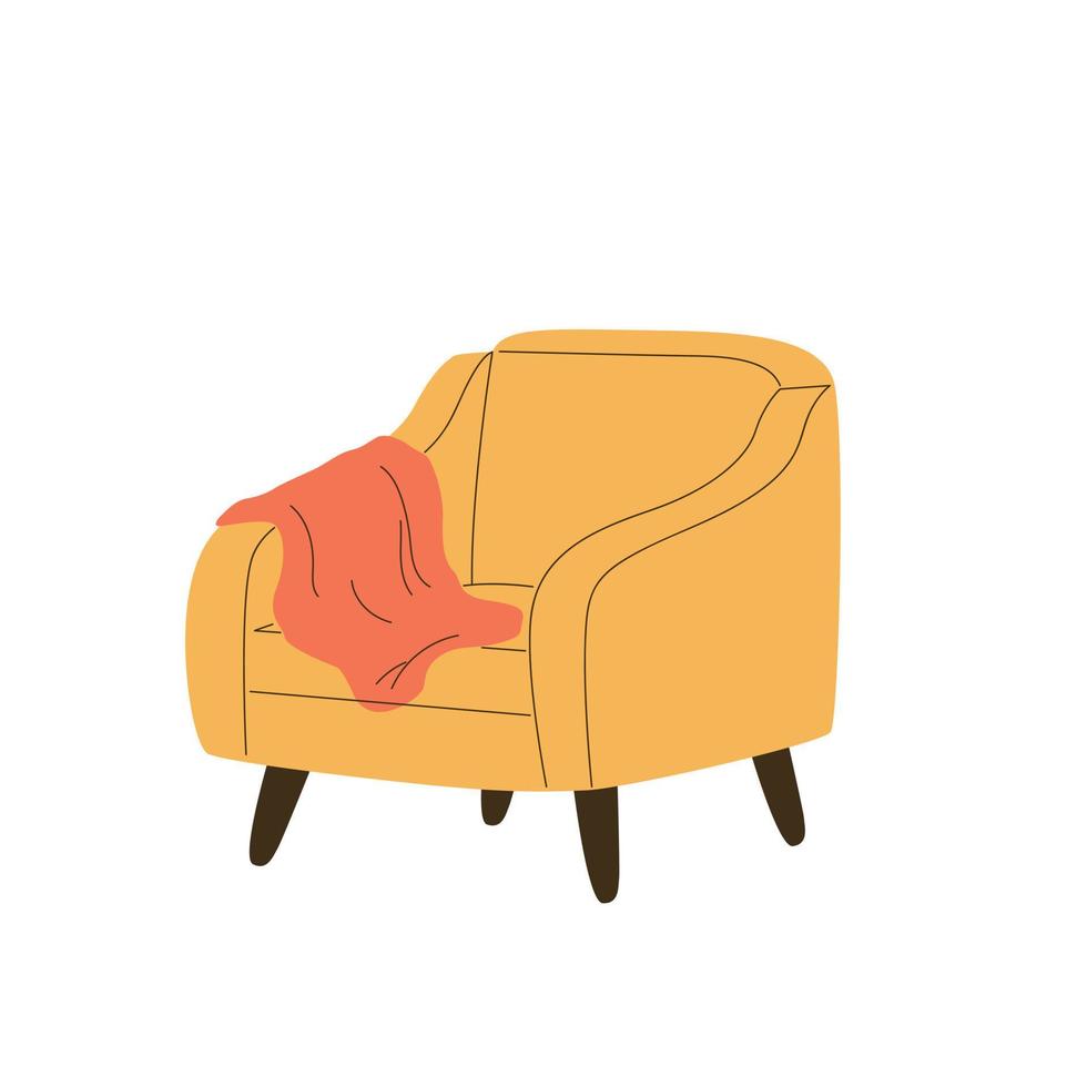 Lounge seat with wood legs and throw blanket on armrest. Cozy trendy furniture design vector