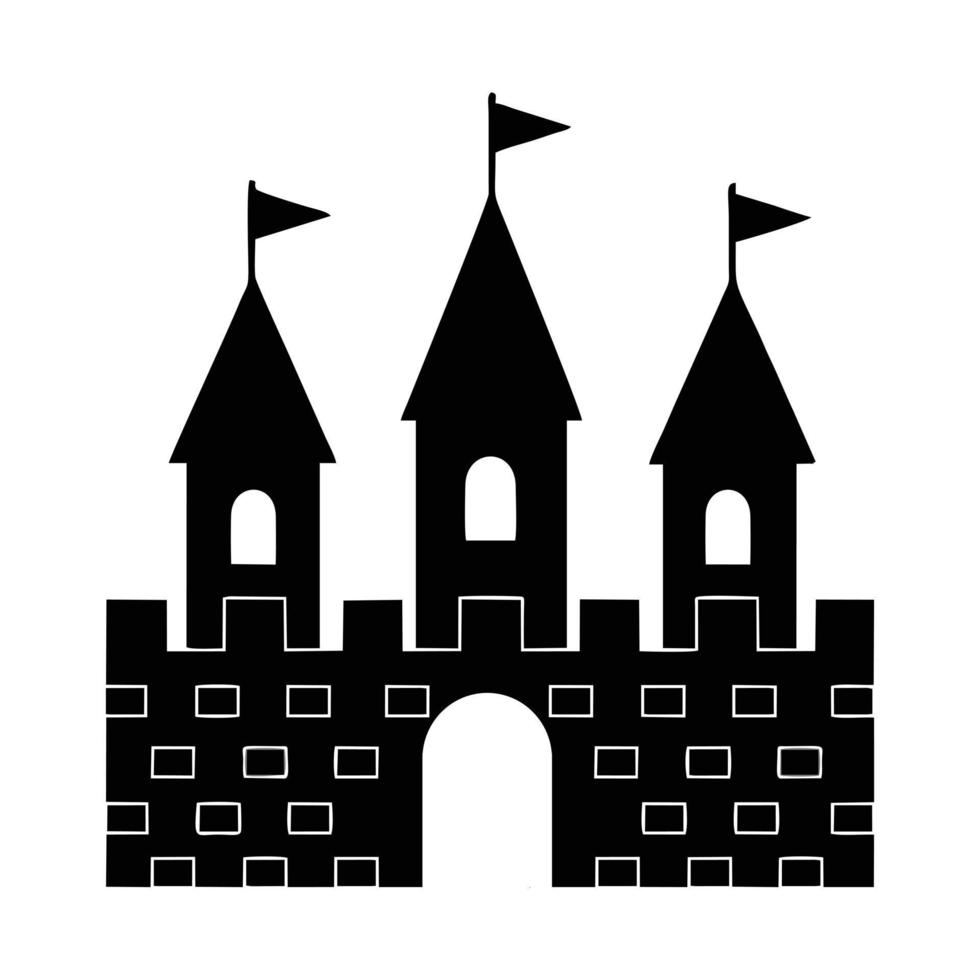 icono de la torre del castillo, logotipo aislado sobre fondo blanco. silueta de un palacio negro con una torre. adecuado para el diseño de ilustraciones de libros de cuentos de hadas para niños vector