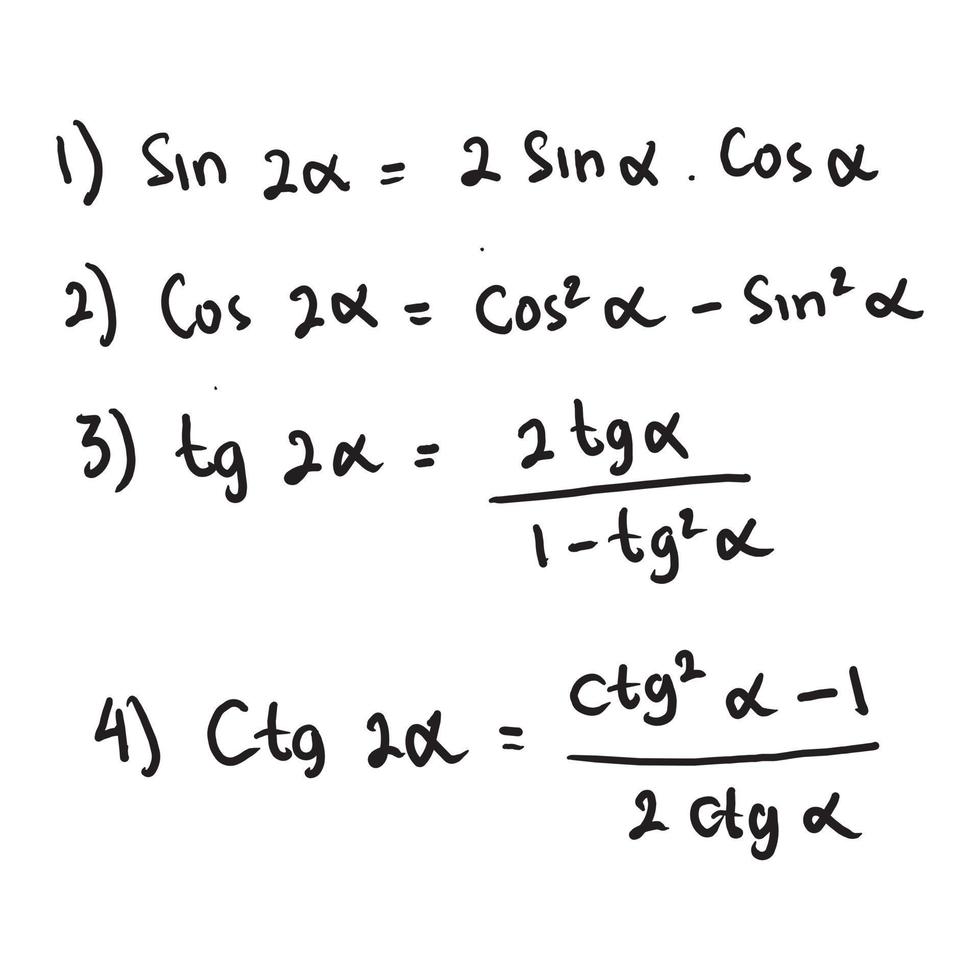 Basic trigonometric identities. Formulas to calculate sine, cosine, tangent, tangent for double angles. Higher Education, Mathematics. Handwritten math text. vector. EPS10 vector
