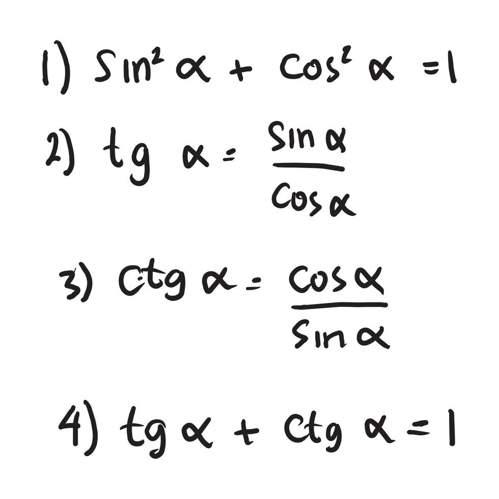 Basic trigonometric identities. Formulas to calculate sine, cosine, tangent, cotangent. Education, getting grades, higher school Math programs. Handwritten math text. Vector illustration. EPS10