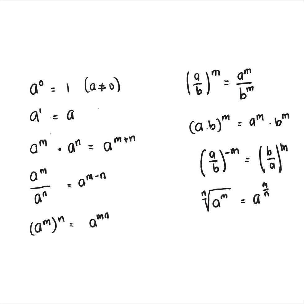 Las propiedades de los números de potencia. esquema de solución. álgebra. educación, clases de matemáticas, programas escolares. texto de matemáticas superior. agrupados y aislados en blanco. ilustración vectorial vector