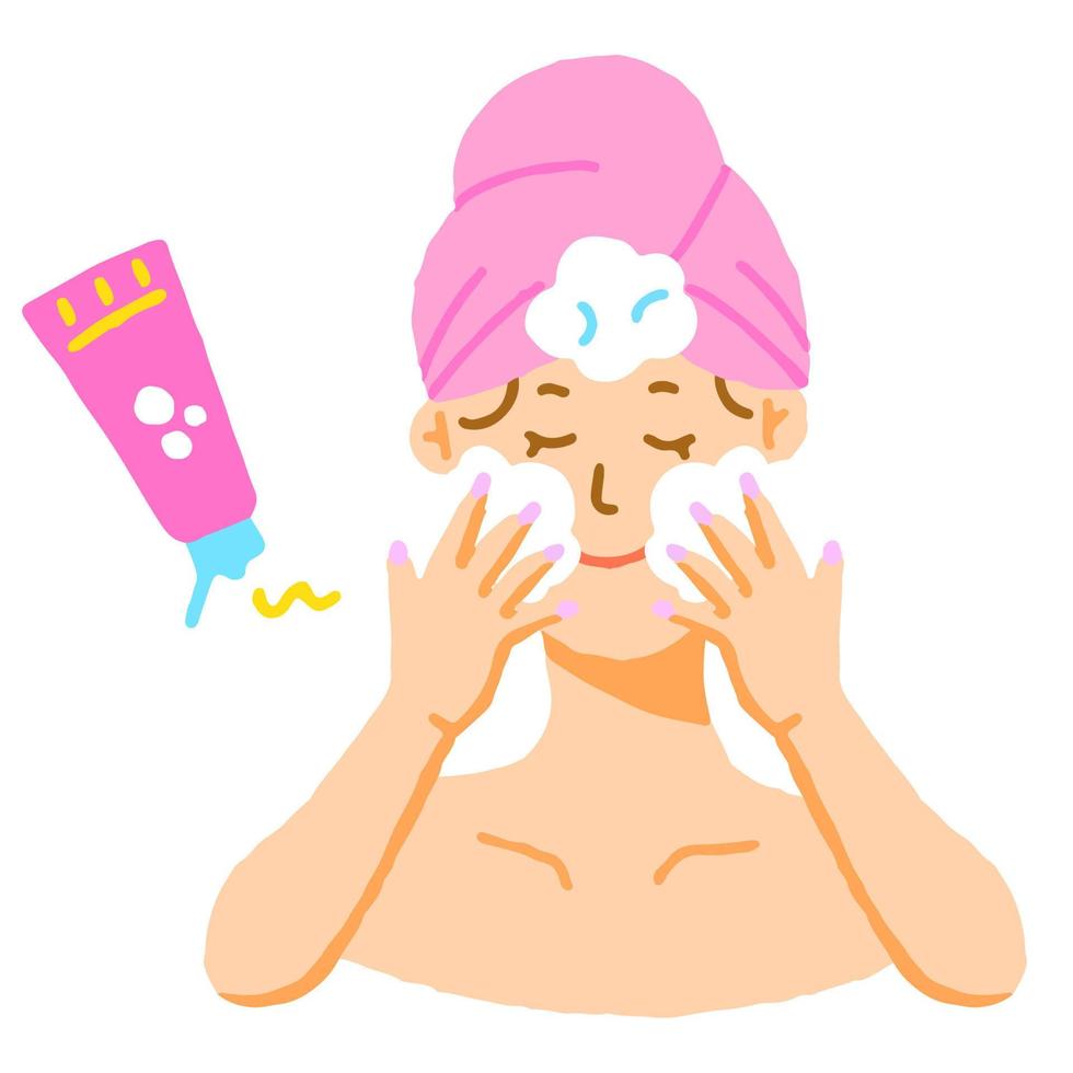 Cute Beautiful Woman Girl Pink Towel Hair Wrap Skincare Product Icon Morning Routine Cleansing Foam Step Tube Whip Wash Bubble  Isolated Vector Illustration