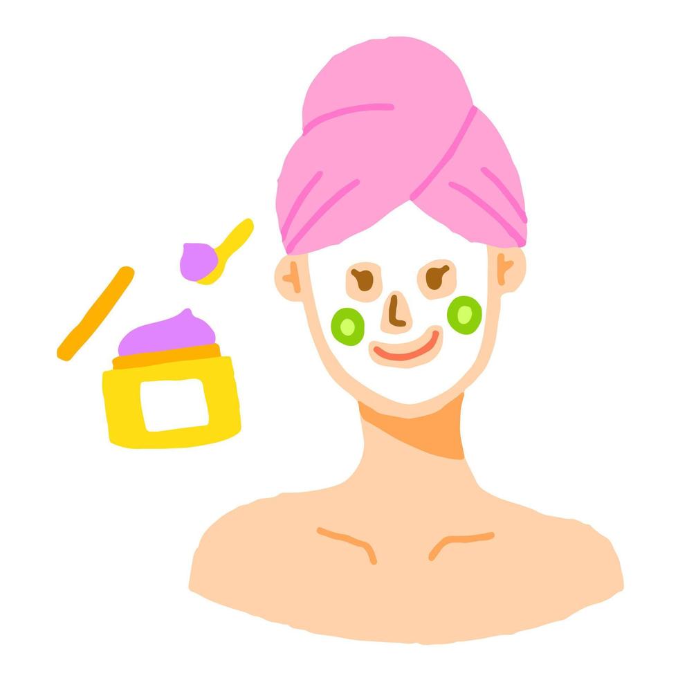 Cute Beautiful Woman Girl Pink Towel Hair Wrap Skincare Product Icon Morning Routine Face Mask Sheet Peel off Step Cucumber on Cheek Jar Bowl Spoon Isolated Vector Illustration