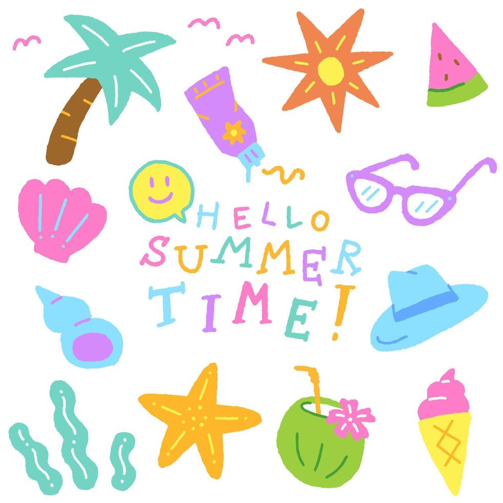Set of Cute Summer Icons Doodle Hand Drawing Palm Tree Sunscreen Sunglasses Watermelon Hat Ice Cream Coconut Starfish Kelp Shell Smile Hello Summer Time Word Element Vector Illustration Collection