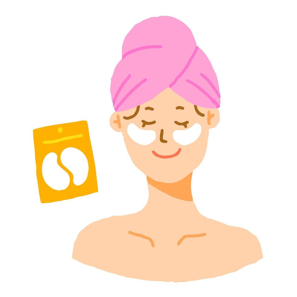 Cute Beautiful Woman Girl Pink Towel Hair Wrap Skincare Product Icon Morning Routine Eye Mask Patch Under Eye Sheet Step Isolated Vector Illustration