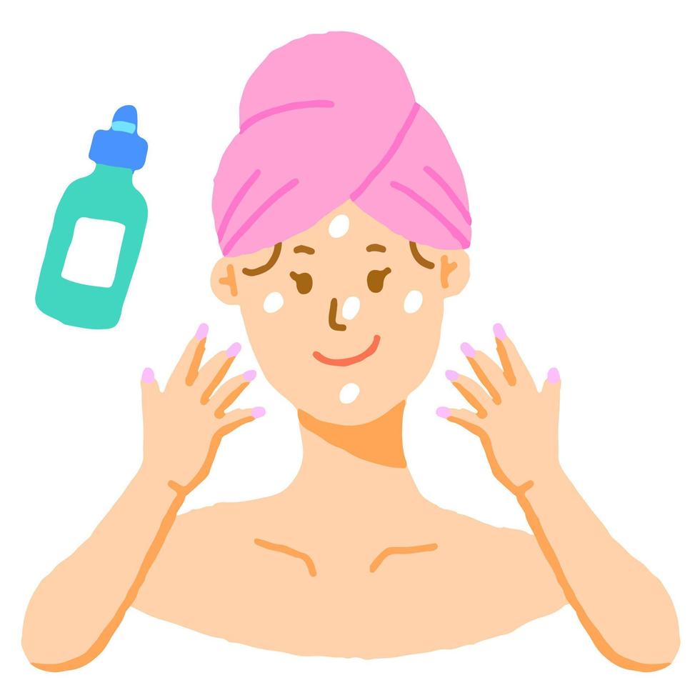 cuco hermosa mujer chica rosa toalla cabello envoltorio cuidado de la piel producto icono mañana rutina suero humectante humectante protector solar paso gota tubo gota botella aislado vector ilustración