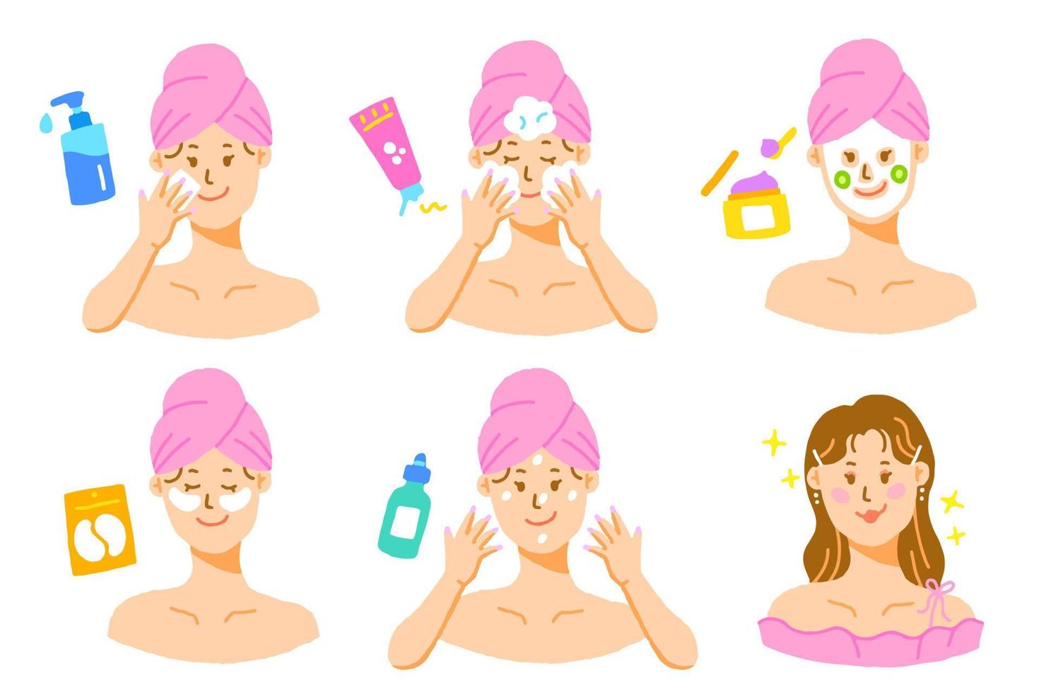 Set of Cute Girl Skincare Product Icons Step Routine Cleanser Pump bottle Cleansing Oil Foam Tube Face Mask Jar Eye Mask Patch Serum Moisturising Moisturiser Sunscreen Collection Vector Illustration