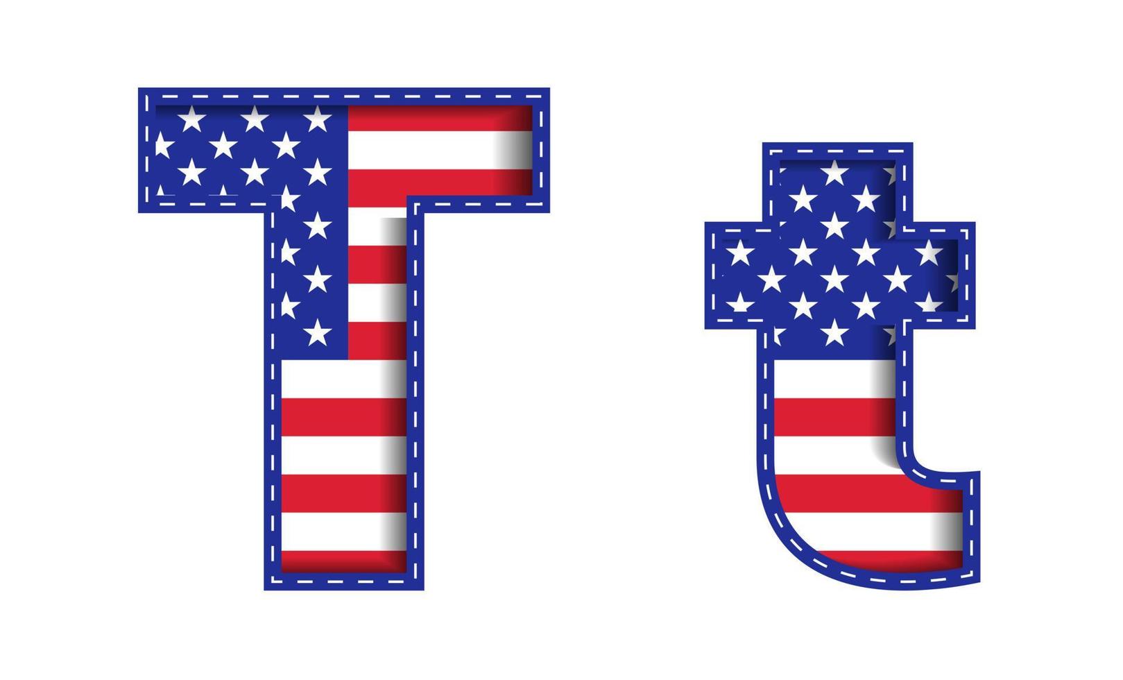 T Alphabet Capital Small Letter USA Independence Memorial Day United States of America Character Font Blue Navy Red Star Stripes  National Flag White Background 3D Paper Cutout  Vector Illustration