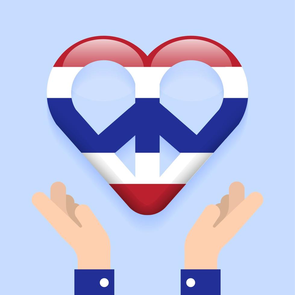 Two Hands Hold Heart Peace sign symbol Pray for Thailand Country Love Peaceful isolated Flag on Hand Abstract Concept 3D Card Icon Cartoon Vector Illustration