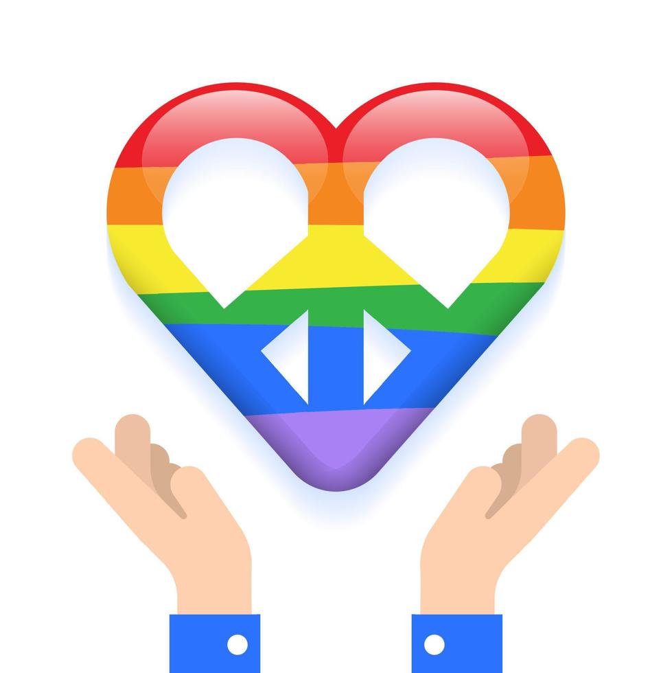 dos manos sostienen orgullo mes arco iris bandera corazón paz en mano aislado amor pacífico signo símbolo cuidado cuidado lgbtqia igualdad concepto 3d tarjeta icono dibujos animados vector ilustración
