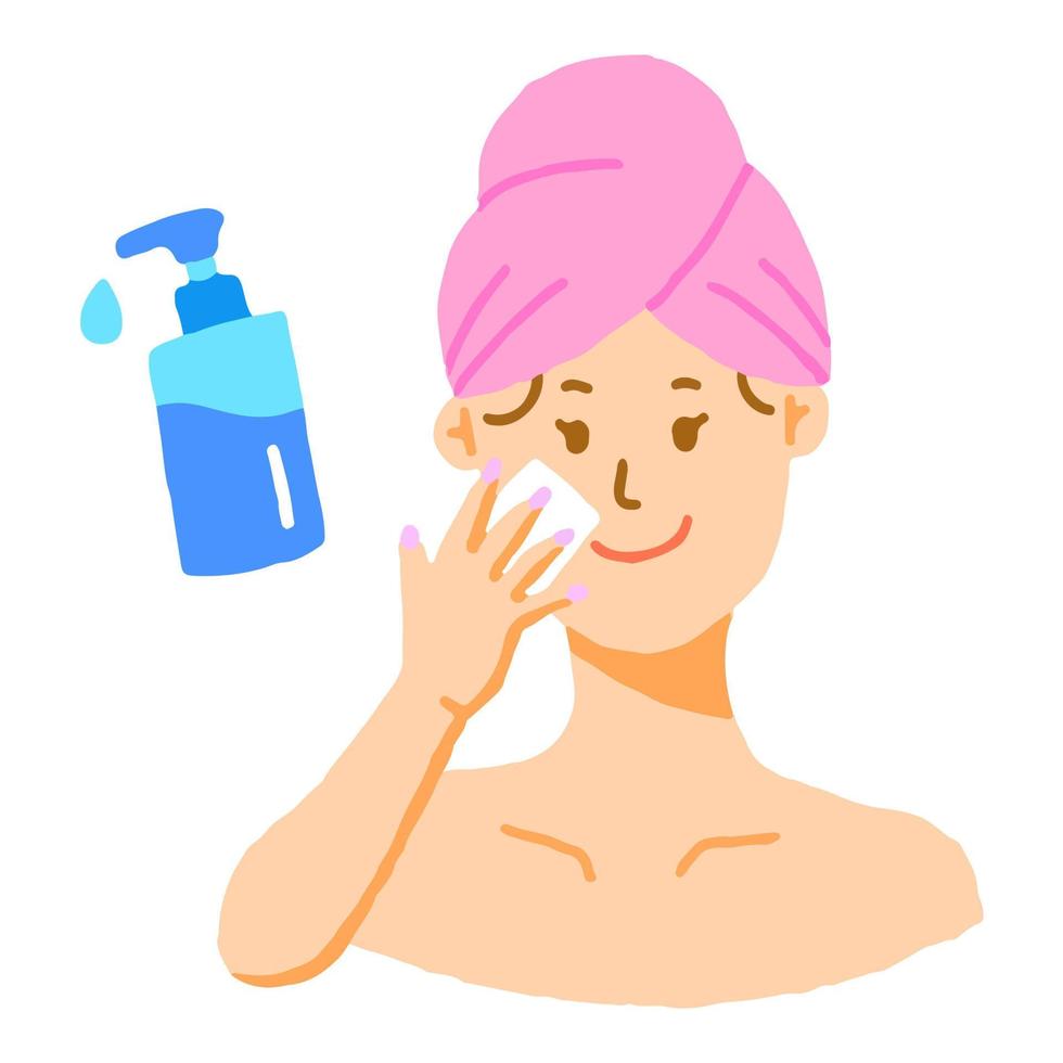 Cute Beautiful Woman Girl Pink Towel Hair Wrap Skincare Product Icon Morning Routine Cleanser Cleansing Oil Step Pump bottle Isolated Vector Illustration