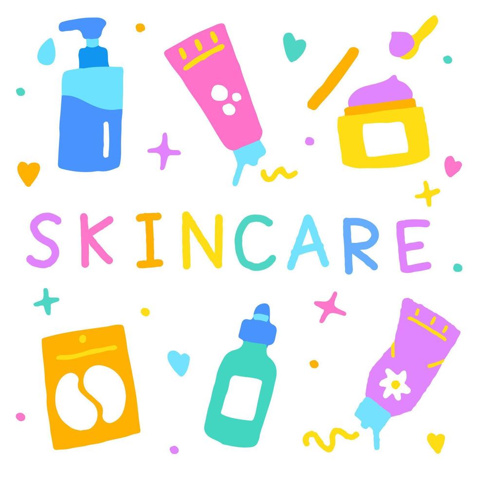 Set of Cute Skincare Product Icons Step Routine Cleanser Pump bottle Cleansing Oil Foam Tube Face Mask Jar Eye Mask Patch Serum Moisturising Moisturiser Sunscreen Collection Vector Illustration