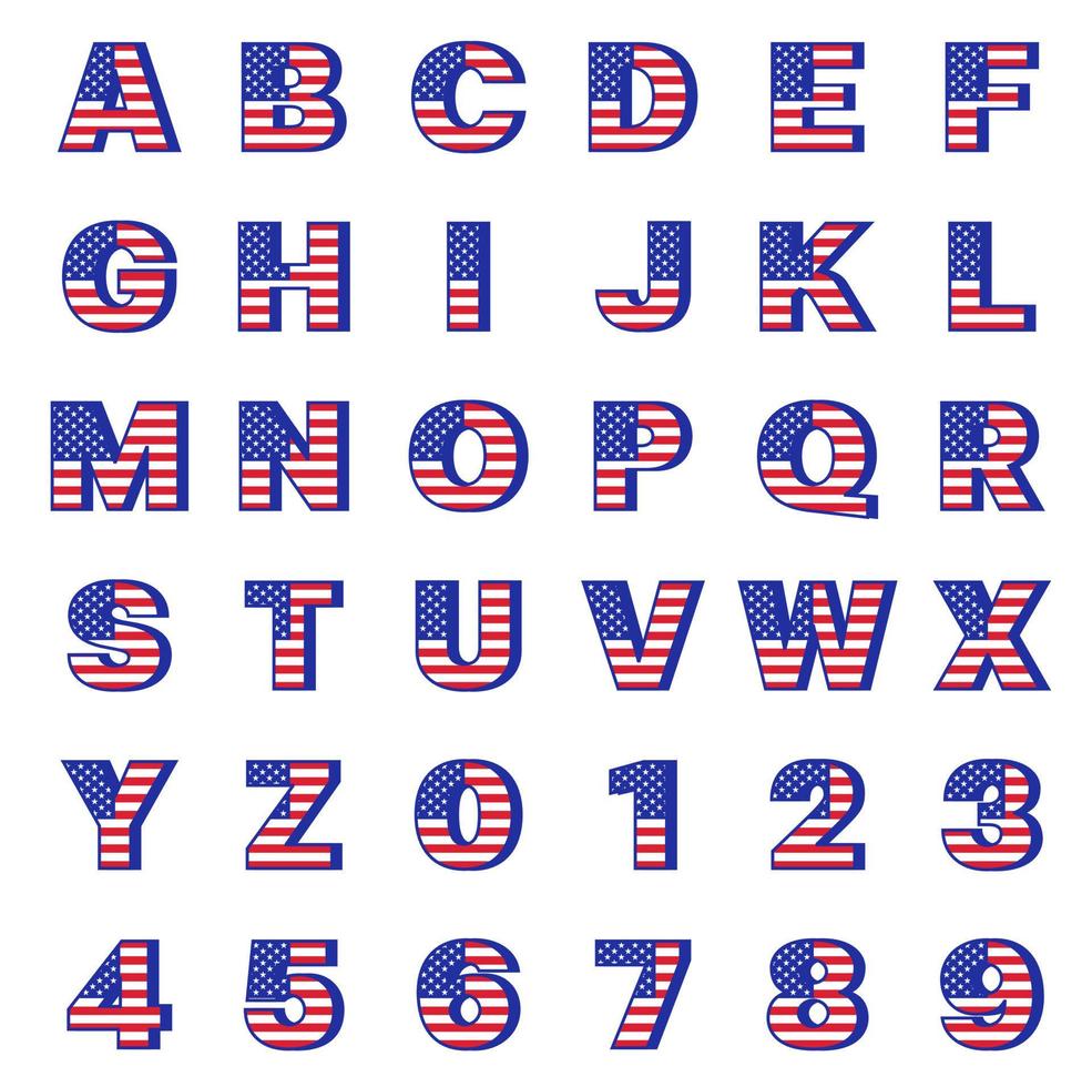 USA Independence Memorial Day United States of America Alphabet  Numeric Character Font Capital Letter Blue Navy Red Star Stripes National Flag ABC Set Collection Vector Illustration White Background