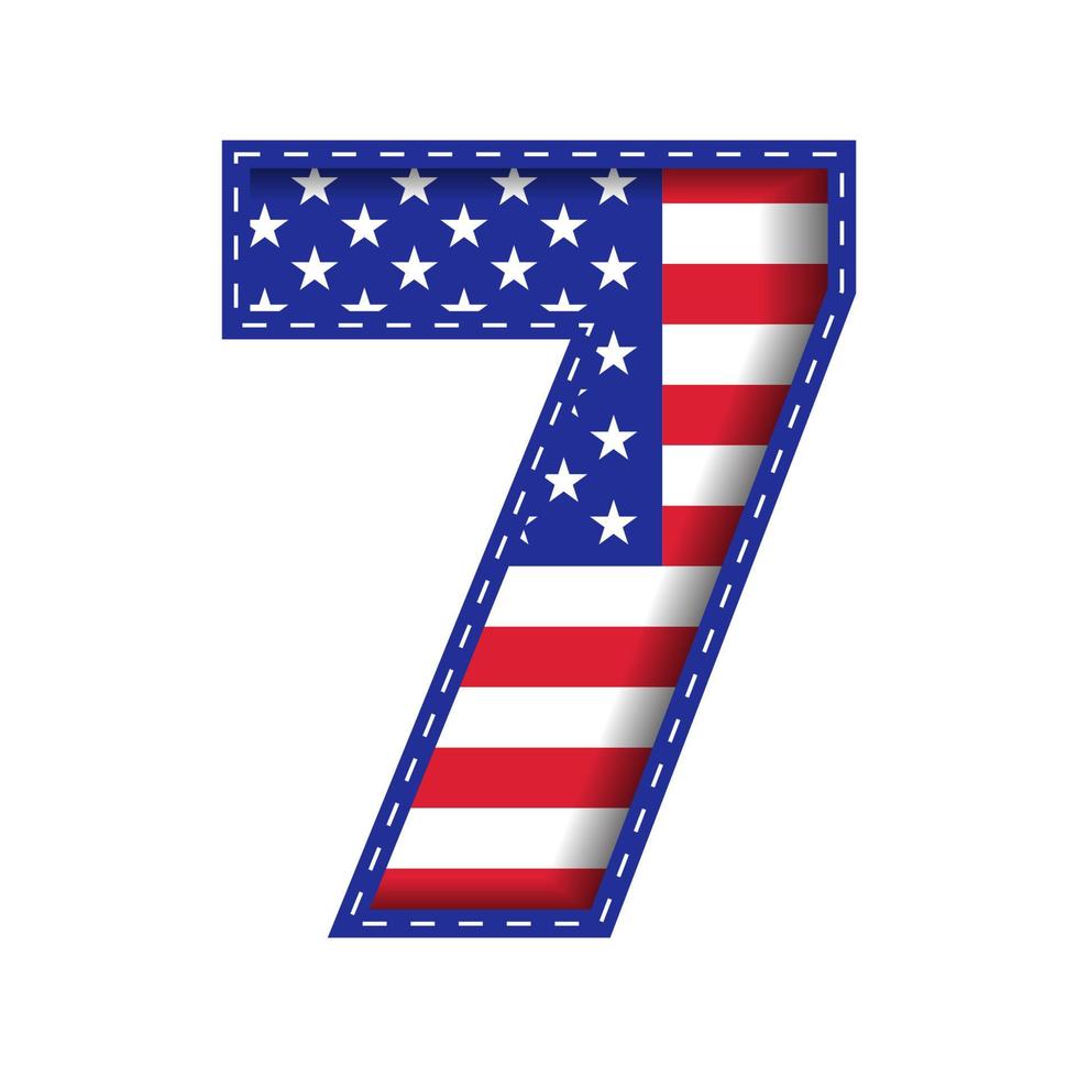 7 número numérico carta de caracteres usa independencia memorial day estados unidos de américa fuente de caracteres azul marino rojo estrella rayas bandera nacional fondo blanco 3d recorte de papel ilustración vectorial vector