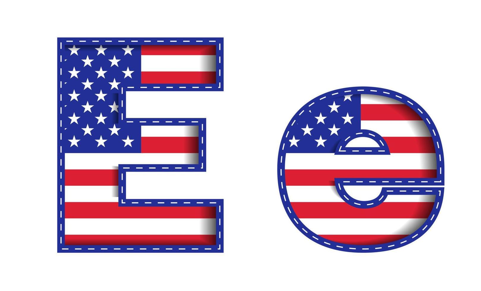 E Alphabet Capital Small Letter USA Independence Memorial Day United States of America Character Font Blue Navy Red Star Stripes  National Flag White Background 3D Paper Cutout  Vector Illustration